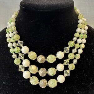Vintage Japan 1950s Green Jelly Bean and Pearl Triple Strand Necklace